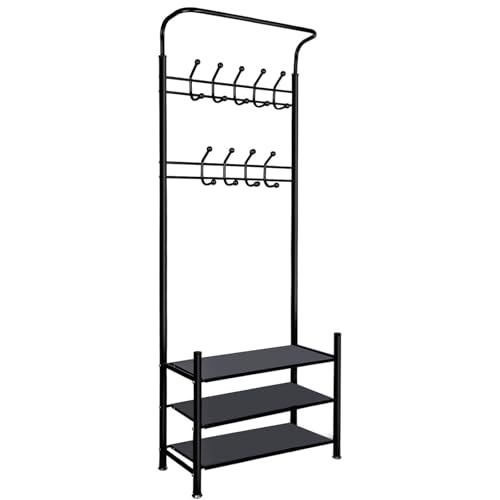 Truevaste Garderobenständer mit Schuhablage, 65x30x190cm Kleiderständer aus Metall, 3-in-1 Garderobe mit 9 Haken und 3 Ablagen für Schlafzimmer, Flur, Wohnzimmer, Kompakt & Platzsparend, Schwarz Truevaste Garderobenständer mit Schuhablage, 65x30x190cm Kleiderständer aus Metall, 3-in-1 Garderobe mit 9 Haken und 3 Ablagen für Schlafzimmer, Flur, Wohnzimmer, Kompakt & Platzsparend, Schwarz von Truevaste