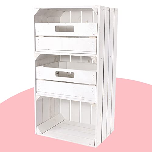 Truhenking Weiße Regalkiste mit 2 Schubladen 68cm x 40cm x 31cm Obstkisten Schrank Holzbox Shabby chic Weiss Nachttisch Nachtschrank DIY modern Möbel Garten Weinkisten von Truhenking
