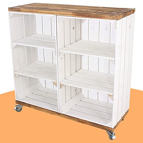 Regal aus 2 hohen weißen Kisten mit 2 Mittelbrettern und geflammten Bohlenbrett auf Rollen 79x80x31cm Obstkisten Weinkisten von Truhenking