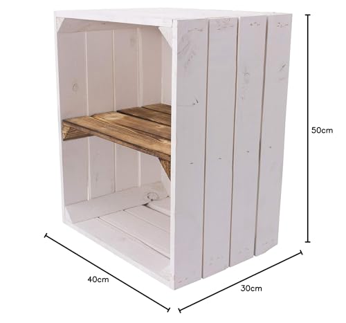 Truhenking Neue weiße Holzkiste mit geflammten Mittelbrett quer 50cm x 40cm x 30cm Obstkiste Schuhregal Regal Hausflur (5) von Truhenking