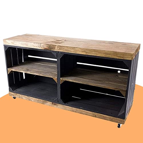 Truhenking TV-Schrank aus Regalkisten schwarz und „Used“ auf Rollen 100cm x30cm x50cm Fernsehtisch Black braun klassisch Weinkisten Tisch Schrank Vintage Obstkiste Fernsehregal Mehrzweck Wohnzimmer von Truhenking