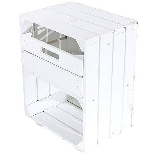 Truhenking Weißer Nachttisch mit Schublade und Füßen 30,5x40x54cm Obstkisten Schrank Holzbox Shabby chic Weiss Nachttisch Nachtschrank DIY modern Möbel Garten Weinkisten von Truhenking