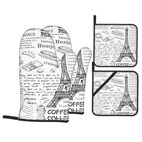 Trukd Ofenhandschuhe, Motiv: Pariser Kaffee, Eiffelturm, 2 Handschuhe und 2 Topflappen, für Küche, Mikrowelle, Grill, hitzebeständig Trukd Ofenhandschuhe, Motiv: Pariser Kaffee, Eiffelturm, 2 Handschuhe und 2 Topflappen, für Küche, Mikrowelle, Grill, hitzebeständig von Trukd