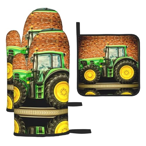 Trukd Ofenhandschuhe mit Traktor-Motiv, 2 Handschuhe und 1 Topflappen, für Küche, Mikrowelle, Grill, hitzebeständig von Trukd