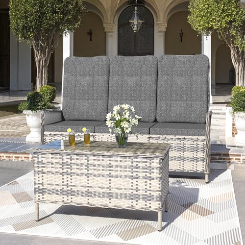 Trumbeak Polyrattan Lounge Set - 3 Personen Gartenmöbel Sitzgruppe Tisch - Sitzgarnitur mit Verstellbarer Rückenlehne aus Gartensofa,Beistelltisch für Garten Terrasse,Gruy von Trumbeak