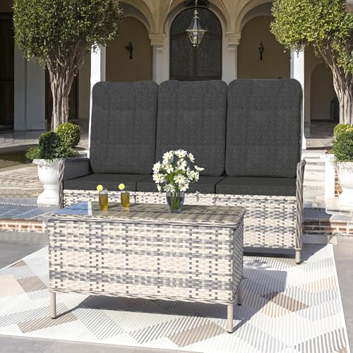 Trumbeak Polyrattan Lounge Set - 3 Personen Gartenmöbel Sitzgruppe Tisch - Sitzgarnitur mit Verstellbarer Rückenlehne aus Gartensofa,Beistelltisch für Garten Terrasse,Schwarz von Trumbeak