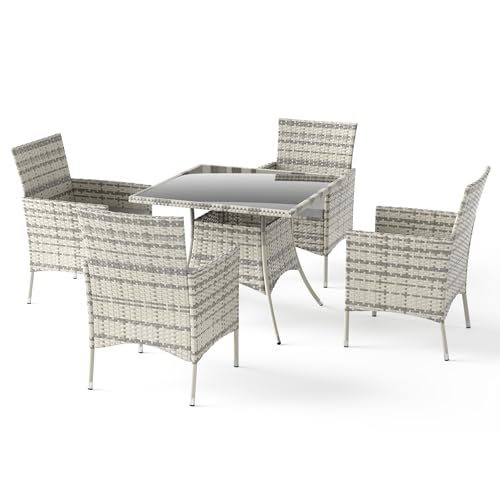 Trumbeak Sitzgruppe für 4 Personen,Gartenmöbel Polyrattan 5-teilig,4 Stühle,Tisch mit Glasplatte,Wetterfest Polyrattan Möbel für Garten,Grau von Trumbeak