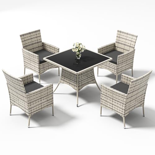 Trumbeak Sitzgruppe für 4 Personen,Gartenmöbel Polyrattan 5-teilig,4 Stühle,Tisch mit Glasplatte,Wetterfest Polyrattan Möbel für Garten,Schwarz von Trumbeak