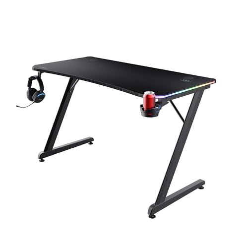 Trust Gaming GXT 709 Luminus RGB Gaming Tisch mit LED Beleuchtung, 10 Modi, USB-Betrieb, Gaming Schreibtisch mit Headset und Getränkehalter, Computertisch 120 x 60 für Büro, Gamer - Schwarz von Trust Gaming