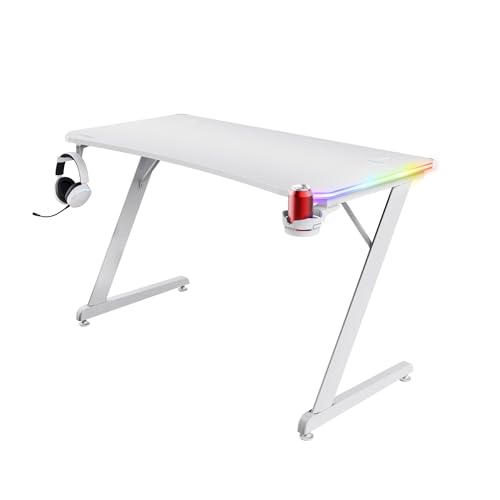 Trust Gaming GXT 709W Luminus RGB Gaming Tisch mit LED Beleuchtung, 10 Modi, USB-Betrieb, Gaming Schreibtisch Weiß mit Headset und Getränkehalter, Computertisch 120 x 60 für Büro, Gamer von Trust Gaming