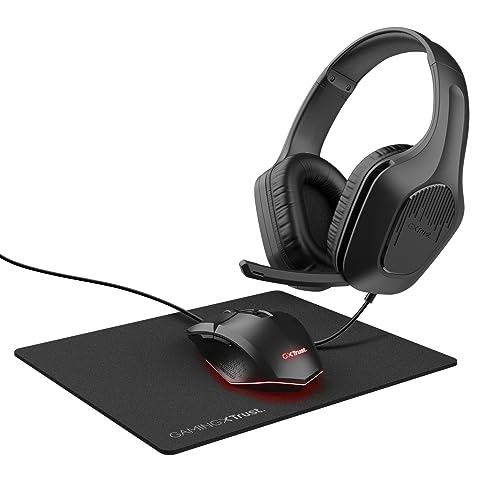 Trust Gaming GXT 790 Tridox Gaming PC Set - Leichtes Headset mit 50-mm-Treiber und 3,5-mm Klinke, Programmierbare USB Maus 200-6400 DPI, Mauspad, Gamer Setup für Computer/Laptop - Schwarz von Trust Gaming