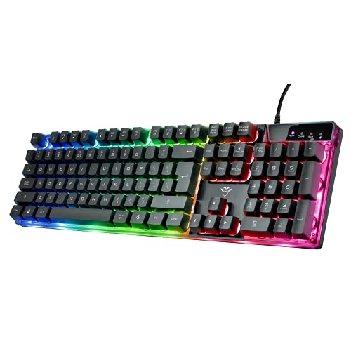 Trust Gaming GXT 835 Azor Gaming Tastatur mit Beleuchtung US Layout, Tastaturlayout in Originalgröße, 3 LED-Farbmodi, Anti-Ghosting, 12 Multimedia-Funktionstasten, PC/Laptop, Schwarz von Trust Gaming