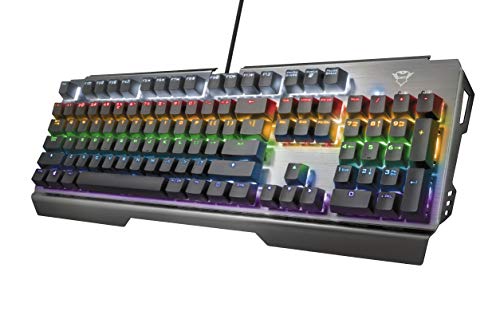 Trust Gaming GXT 877 Scarr Mechanische Gaming Tastatur QWERTZ Deutsches Layout (Lineare Mechanische Schalter, Metall hergestellte Oberplatte, 7 Farbmodi, Anti-Ghosting mit N-Key-Rollover) Grau von Trust