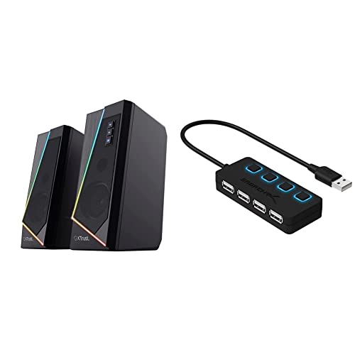 Trust Gaming Lautsprecher für PC GXT 609 Zoxa - Computer Boxen, Lautsprecherset mit 6 Verschiedene RGB, USB, 12W, Schwarz & Sabrent USB Verteiler USB Hub 2.0 Datenhub verlängerung Adapter von Trust