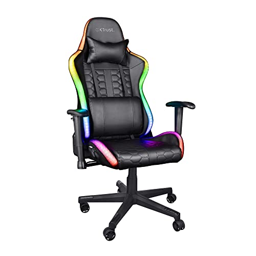 Trust Gaming GXT 716 Rizza Gaming Stuhl mit RGB LED-Beleuchtung, 350 Farben und Effekten, Höhenverstellbare Armlehnen, Rundum Drehbar, Ergonomischer Bürostuhl, Gamer Stuhl - Schwarz von Trust Gaming