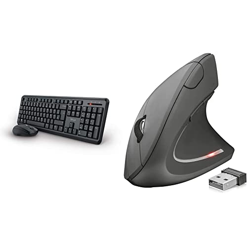 Trust 24080 Ymo Kabelloses Tastatur-Maus-Set - Deutsches QWERTZ - Schwarz & 22879 Verto Wireless Vertikale Ergonomische Maus (Vorbeugung Gegen Mausarm/Tennisarm, Nur für Rechtshänder) Schwarz von Trust