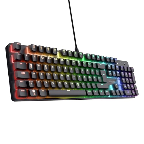 Trust GXT 871 Zora Mechanische Tastatur Deutsches QWERTZ Layout mit RGB Beleuchtung, Lineare Huano Switches, N-Key Rollover Anti-Ghosting, USB Programmierbare Gaming Tastatur für PC Laptop Trust GXT 871 Zora Mechanische Tastatur Deutsches QWERTZ Layout mit RGB Beleuchtung, Lineare Huano Switches, N-Key Rollover Anti-Ghosting, USB Programmierbare Gaming Tastatur für PC Laptop von Trust