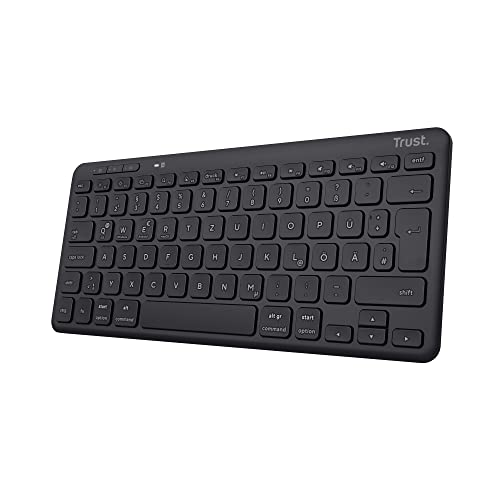 Trust Lyra Kompakte Bluetooth Tastatur, QWERTZ-Layout, 85% Recyclingkunststoff, Multi-Device Funktastatur, Wiederaufladbare Tastatur Kabellos für PC, Laptop, Mac, iPad, Android, iOS – Schwarz von Trust