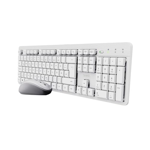 Trust ODY II Leise Tastatur Maus Set Kabellos Deutsches QWERTZ Layout, Flachen Tasten, Beidhändig Funkmaus 800-1600 DPI, Spritzwassergeschützt, EIN USB-Empfänger, für PC Computer Laptop Mac, Weiß von Trust
