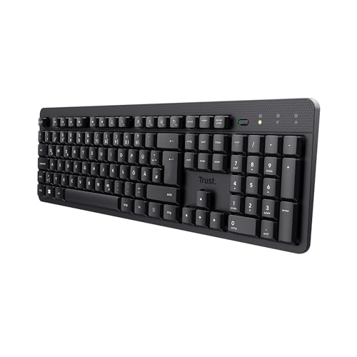 Trust ODY II Leise Tastatur Kabellos Deutsches QWERTZ Layout, Flachen Tasten, Funktastatur Spritzwassergeschützt, RF 2.4GHz USB-Empfänger, Wireless Keyboard PC Laptop Computer Mac - Schwarz Trust ODY II Leise Tastatur Kabellos Deutsches QWERTZ Layout, Flachen Tasten, Funktastatur Spritzwassergeschützt, RF 2.4GHz USB-Empfänger, Wireless Keyboard PC Laptop Computer Mac - Schwarz von Trust