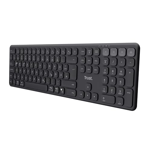 Trust Vaiya Tastatur Kabellos Bluetooth + 2.4 GHz QWERTZ-Layout, Standardgröße Funktastatur mit Nummernblock, Integrierter Akku, 55% Recyclingkunststoff, Windows iOS iPadOS macOS Android, Schwarz von Trust