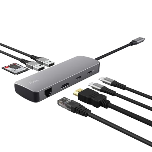 Trust Vylor 8-in-1 USB C Hub Multiport Adapter mit HDMI 4k60Hz, Gigabit Ethernet, MicroSD/SD Kartenleser, USB-C USB-A, Ladeanschluss 100W, Kompakt Docking Station PC Laptop Dell HP Asus MacBook Trust Vylor 8-in-1 USB C Hub Multiport Adapter mit HDMI 4k60Hz, Gigabit Ethernet, MicroSD/SD Kartenleser, USB-C USB-A, Ladeanschluss 100W, Kompakt Docking Station PC Laptop Dell HP Asus MacBook von Trust