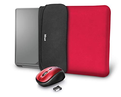 Trust Yvo Set 2-in-1: 15.6 Zoll Laptop Hülle Tasche, Wendehülle und Funkmaus, Für Links und Rechtshänder, für Laptop, PC - rot von Trust