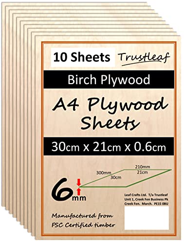 6 mm Birke Sperrholzplatte A4–300 x 210 x 6 mm – (Pack von 10) – laserable Low Rauch-E1 Klebstoff-lagig von Trustleaf