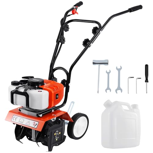 TryESeller 52CC 1.65KW Benzin 2-Takt Garten Kultivator Benzin Bodenhacke Mini Motorhacke mit Pflug, Arbeitsbreite 28cm, Arbeitstiefe 10cm von Samger Samger