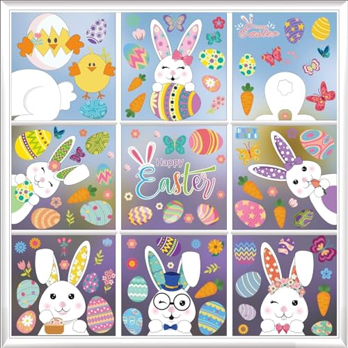 9 Blatt Ostern Fensterbilder, Fensterdekoration Ostern, Osterdeko Fensterbilder Frühling, Fenstersticker Ostern mit Hasen Ostereier Küken, Fenster Aufkleber Dekorationen Wiederverwendbar für Ostern von Tsathoggua