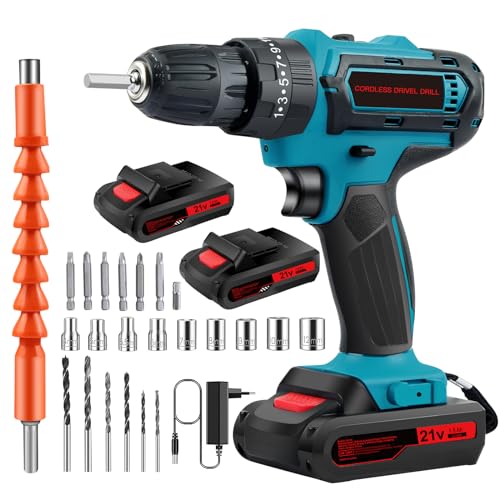 21V Akkuschrauber Set, Akku Schrauber, Akku Bohrmaschine, Akku Bohrschrauber Set mit 2 Akkus und 24 Zubehöre, 25+3 Drehmoment, 2 Geschwindigkeiten, LED-Licht für Heim- und Garten-DIY-Projekt (Blau) von Tsebugap