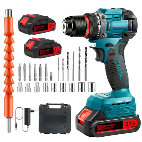 Bürstenlos Akkuschrauber Set 21V, Akku Schrauber mit 2x 2000mAh Akku, Akku Bohrmaschine Akku Bohrschrauber Set mit Schlagbohrfunktion, 2-Gang, 24PCS Zubehöre von Tsebugap