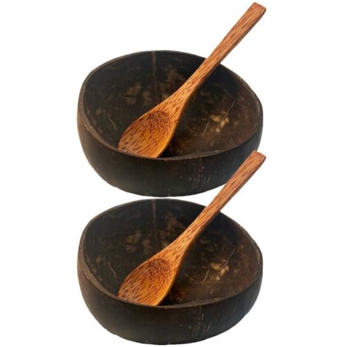 Tsffae 2 Sets Kokosnussschalen 2 Holzlöffeln, Natürliche Kokosnussschale, Handgefertigtes Holzgeschirr, Holzlöffel, Dessert, Obst, Salat, Rührschüssel, Reis, Ramen-schüssel von Tsffae