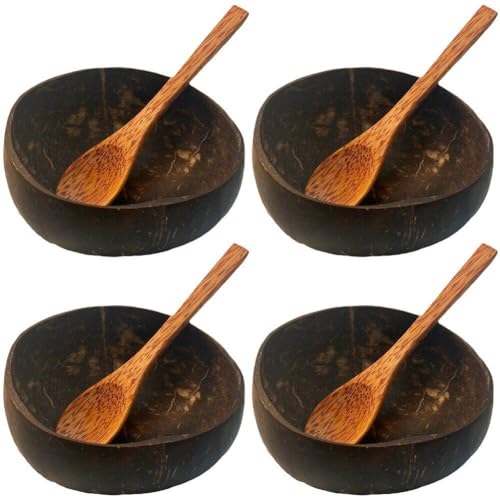 Tsffae Natürliches Kokosnussschalen-Set, 4er-Pack Kokosnussschalen 4 Holzlöffeln, Kokosnussschalen-geschirrset, Umweltfreundliches Aufbewahrungswerkzeug Für Die Küche von Tsffae