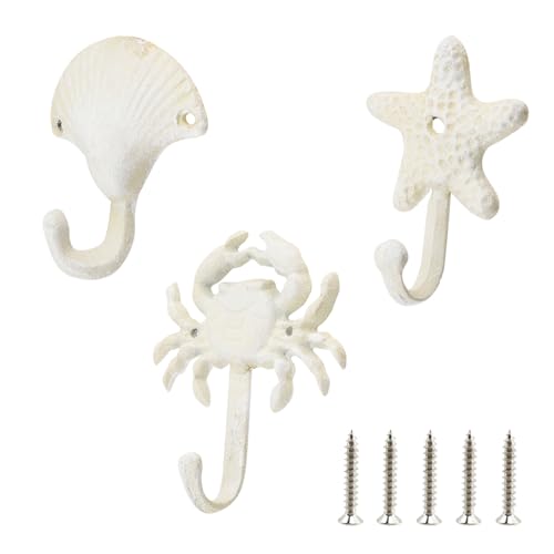 Tsnamay Dreiteiliges Tierhaken-Set aus Gusseisen, Seestern, Muschel und Krabbe, Wanddekor-Set mit Schrauben für Heimwanddekorationen, weißer Meerestierhaken, dreiteiliges Set 5971, 3 Stück von Tsnamay