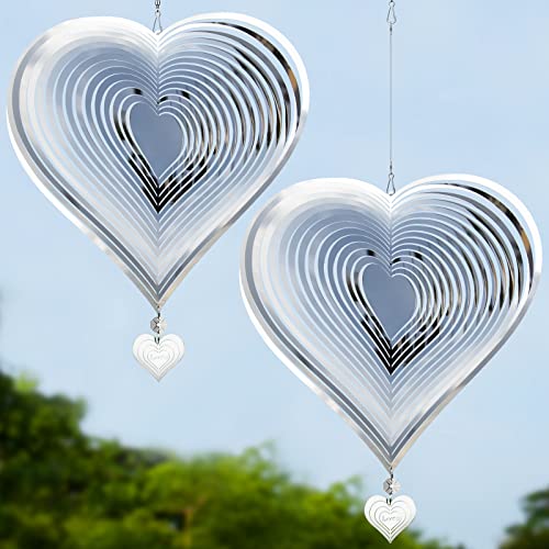 Tsocent Windspiel, 2 Stück, 25,4 cm, 3D-Edelstahl, zum Aufhängen, Windspiel mit 2 x herzähnlichen Anhängern und 3 x um 360° drehbaren Haken, reflektierendes Dekor für Außenhof und Garten (2 Stück) von Tsocent