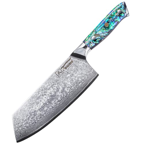 Tsume Chai Dao Hackbeil Messer Abalone, Klingenlänge 18cm, Echtes Damast Küchenmesser mit Perlmuttplatten, 67 Schichten VG10 Edelstahlkern mit Kunstharz Handgriff, Rasiermesserscharf von Tsume