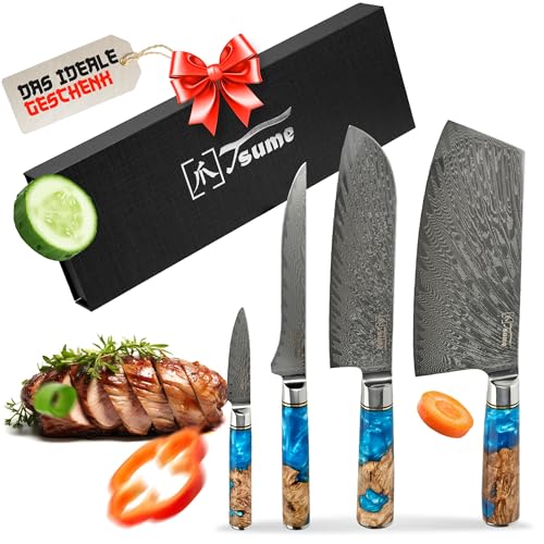 Tsume Exotic Set Saphir, Messerset mit 4 Premium Küchenmessern, Echte Damast Küchenmesser, 67 Schichten VG10 Edelstahlkern mit blau-weißem Kunstharz und Holz Handgriffen, Rasiermesserscharfe Premium von Tsume