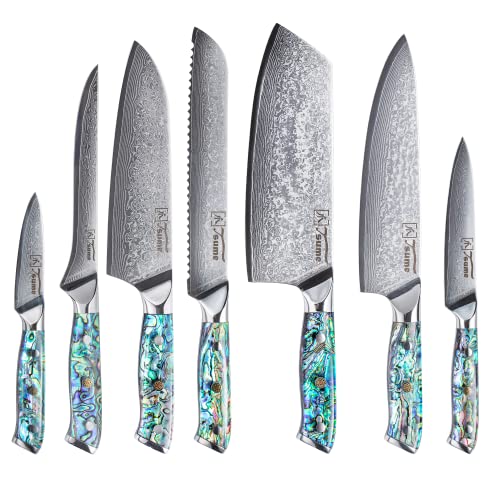 Tsume Profi Set Abalone, Messerset mit 7 Premium Küchenmessern, Echte Damast Küchenmesser mit Perlmuttplatten, 67 Schichten VG10 Edelstahlkern mit Kunstharz Handgriffen, Rasiermesserscharfe Premium Tsume Profi Set Abalone, Messerset mit 7 Premium Küchenmessern, Echte Damast Küchenmesser mit Perlmuttplatten, 67 Schichten VG10 Edelstahlkern mit Kunstharz Handgriffen, Rasiermesserscharfe Premium von Tsume