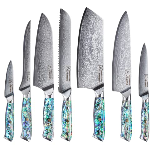 Tsume Profi Set Abalone, Messerset mit 7 Premium Küchenmessern, Echte Damast Küchenmesser mit Perlmuttplatten, 67 Schichten VG10 Edelstahlkern mit Kunstharz Handgriffen, Rasiermesserscharfe Premium von Tsume