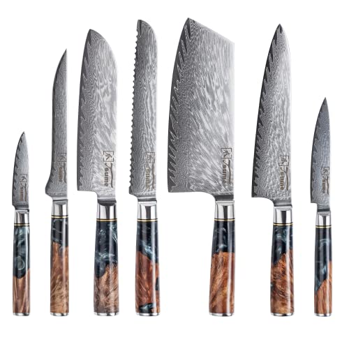 Tsume Profi Set Onyx, Messerset mit 7 Premium Küchenmessern, Echte Damast Küchenmesser, 67 Schichten VG10 Edelstahlkern mit schwarz-weißem Kunstharz und Holz Handgriffen, Rasiermesserscharfe Premium von Tsume