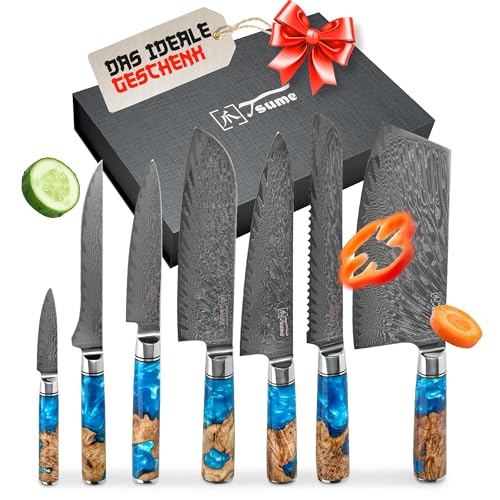 Tsume Profi Set Saphir, Messerset mit 7 Premium Küchenmessern, Echte Damast Küchenmesser, 67 Schichten VG10 Edelstahlkern mit blau-weißem Kunstharz und Holz Handgriffen, Rasiermesserscharfe Premium von Tsume