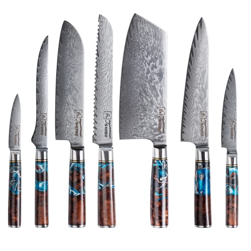 Tsume Profi Set Sturm, Messerset mit 7 Premium Küchenmessern, Echte Damast Küchenmesser, 67 Schichten VG10 Edelstahlkern mit Sturmigem Kunstharz Handgriffen, Rasiermesserscharfe Premium von Tsume