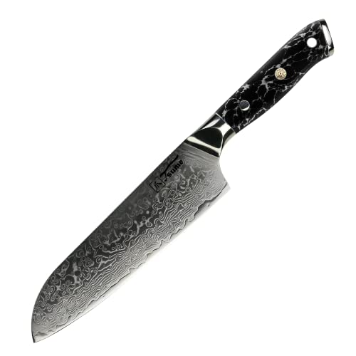 Tsume Santoku Messer Black Marble, Klingenlänge 22cm, Echtes Damast Küchenmesser, 67 Schichten VG10 Edelstahlkern mit einzigartigem Black Marble Handgriff, Rasiermesserscharf von Tsume