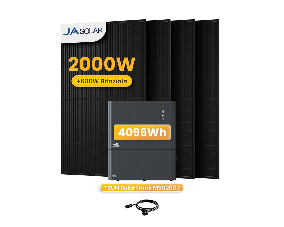 Tsun Balkonkraftwerk 2000W TSUN SolarTrunk MSU2000, All-in-One Speicher mit Zusatzakkus, (4x JASolar 500Wp Full Black im Lieferumfang enthalten), Integrierter Hybrid Mikrowechselrichter von Tsun