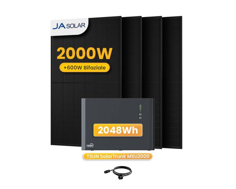 Tsun Balkonkraftwerk 2000W TSUN SolarTrunk MSU2000, All-in-One Speicher mit Zusatzakkus, (4x JASolar 500Wp Full Black im Lieferumfang enthalten), Integrierter Hybrid Mikrowechselrichter von Tsun