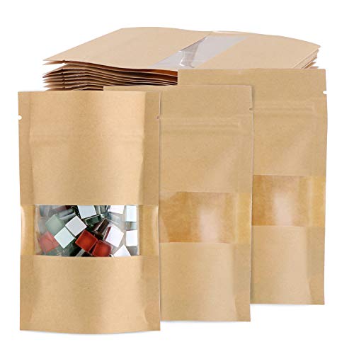 TsunNee 100PCS Kraftpapier aufrecht stehende Lebensmittelbeutel, Kraftpapier-Lebensmittelaufbewahrungstüten, wiederverwendbare Druckverschlussbeutel Verpackungsbeutel mit transparentem Fenster, 9x14cm von TsunNee