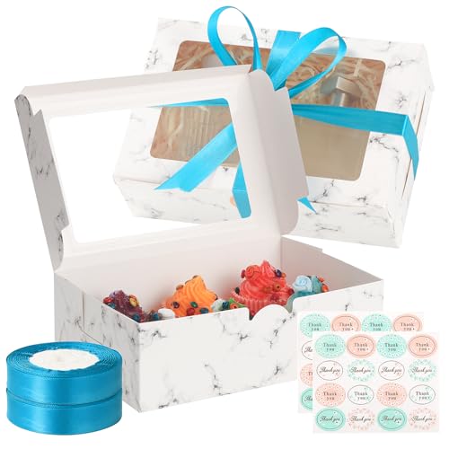 TsunNee 20 Stück 6 Löcher Kuchenboxen Cupcake Boxen mit Fenster, Papier Cupcake Träger, Papier-Bäckerei-Boxen mit Aufklebern Farbband für Weihnachten Babyparty Hochzeit Party Gastgeschenke von TsunNee