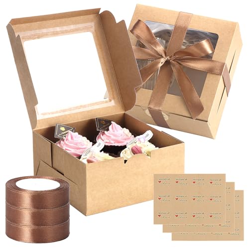 TsunNee 30 Stück 4 Löcher Kuchenboxen, Cupcake-Boxen mit Fenster, Papier-Cupcake-Tragetasche, Papier-Bäckerei-Boxen mit Bändern, Aufkleber für Weihnachten, Babyparty, Hochzeit, Party, Gastgeschenke von TsunNee