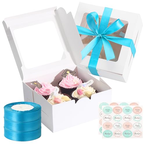 TsunNee 30 Stück 4 Löcher Kuchenboxen, Cupcake-Boxen mit Fenster, Papier-Cupcake-Tragetasche, Papier-Bäckerei-Boxen mit Bändern, Aufkleber für Weihnachten, Babyparty, Hochzeit, Party, Gastgeschenke von TsunNee